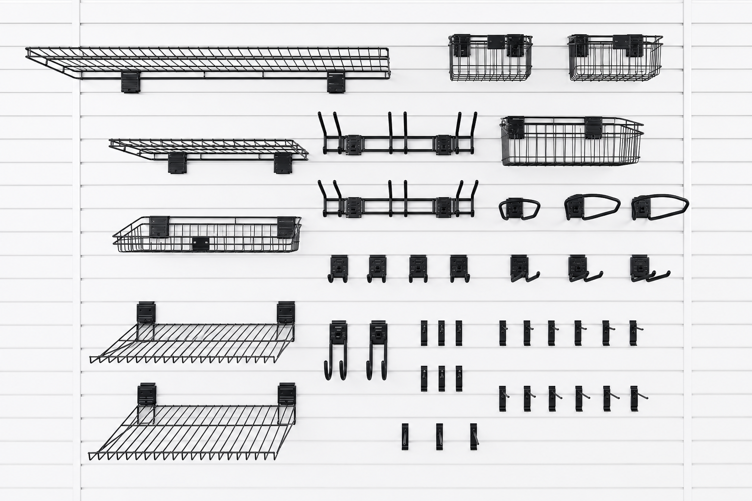 Empty wall storage racks, baskets, shelves, and hooks